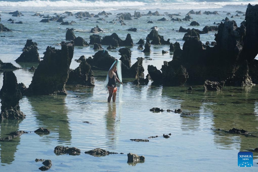 A man uses a fishing net to catch seafood in a bay in the Republic of Nauru, Jan. 18, 2024.(Photo: Xinhua)