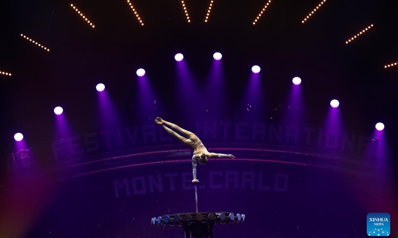 Chinese equilibrist Wang Mengchen performs at the 46th International Circus Festival of Monte-Carlo, Monaco, Jan. 20, 2024. The event kicked off here on Friday and will last to Jan. 28. (Xinhua/Gao Jing)