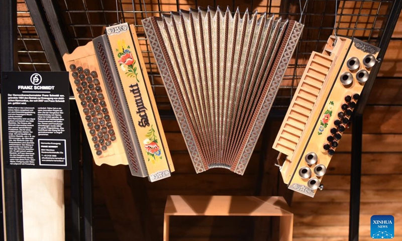 This photo taken on Jan. 19, 2024 shows an accordion made by local craftsman in Bad Goisern, Austria. Bad Ischl Salzkammergut has been awarded as The 2024 European Capital of Culture. (Xinhua/He Canling)