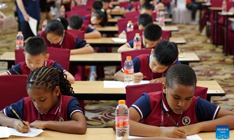 Contestants compete in the Third Indonesia Shenmo Cup International Abacus Mental Arithmetic Competition in Bandung, West Java, Indonesia, Jan. 20, 2024. The event kicked off on Saturday with nearly 200 children competing in this year's competition. (Xinhua/Ma Ning)