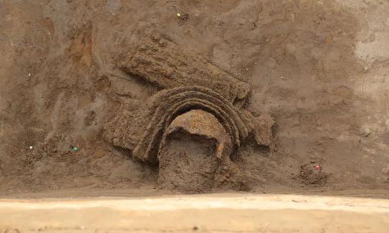 An iron helmet unearthed from the Yecheng ruis Photo: Courtesy of the Yecheng ruins archaeological team