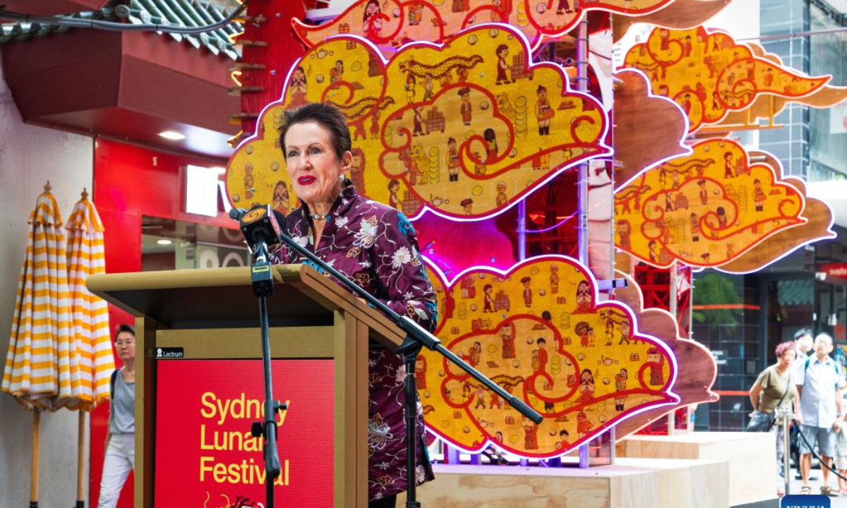 City of Sydney Mayor Clover Moore speaks during a media launch for the Sydney Lunar Festival event at the Chinatown in Sydney, Australia, Feb 8, 2024. Photo:Xinhua