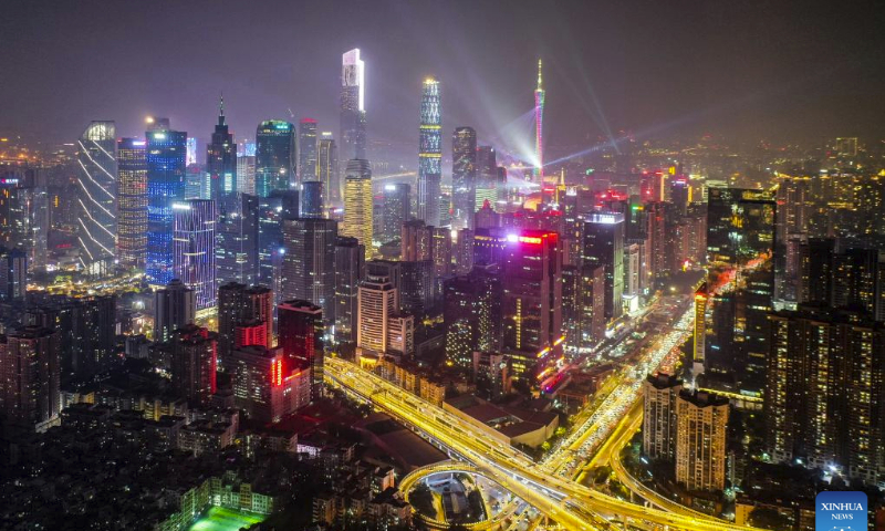 An aerial drone photo taken on Nov. 25, 2023 shows a night view of the Zhujiang New Town in Guangzhou, south China's Guangdong Province. The Guangdong-Hong Kong-Macao Greater Bay Area, a city cluster, is one of the most open areas in China with economic vitality.

The greater bay area is composed of nine cities in Guangdong Province including Guangzhou, Shenzhen, Zhuhai, Foshan, Huizhou, Dongguan, Zhongshan, Jiangmen and Zhaoqing, and two special administrative regions of Hong Kong and Macao. (Xinhua/Liu Dawei)