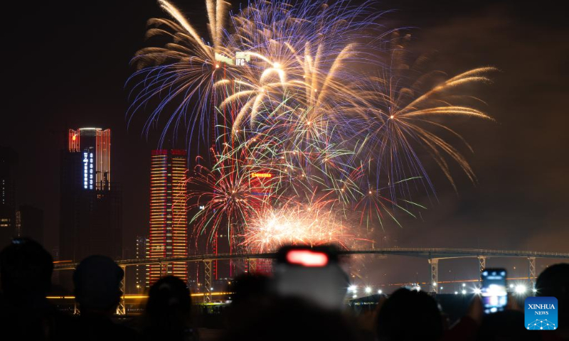 Fireworks in celebration of the Spring Festival illuminate the sky in Macao, south China, Feb. 12, 2024. (Xinhua/Cheong Kam Ka)