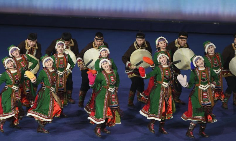 Artists perform before the opening ceremony of the China's 14th National Winter Games in Hulun Buir, north China's Inner Mongolia Autonomous Region, Feb. 17, 2024. (Xinhua/Ren Junchuan)