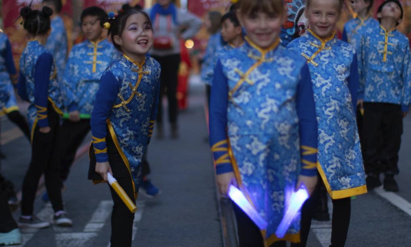 Children participate in a parade featuring Chinese New Year in San Francisco, the United States, Feb. 24, 2024. (Photo by Dong Xudong/Xinhua)