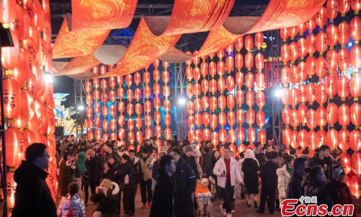 Featured lanterns are illuminated at the 30th Zigong International Dinosaur Lantern Show in southwest China's Sichuan Province, Feb 7, 2024. Photo:China News Service