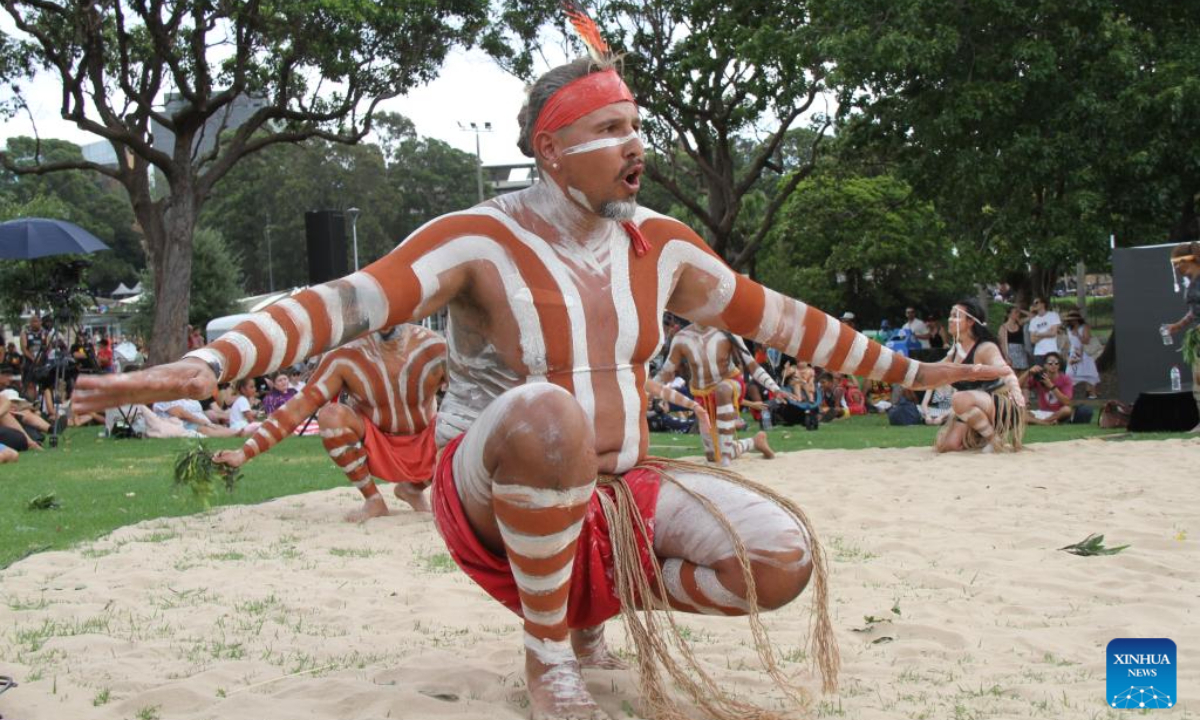 Indigenous Australians perform a traditional dance during an Australia Day celebration in Sydney, Australia, Jan 26, 2024. Photo:Xinhua