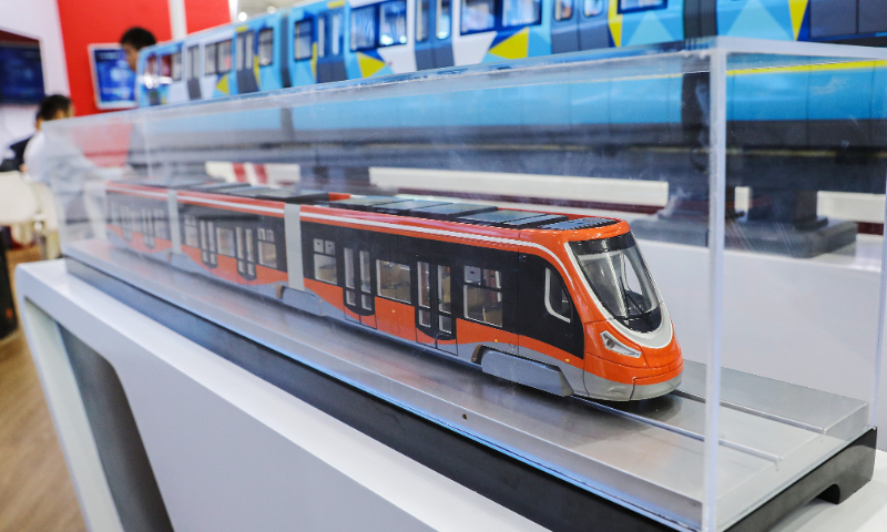 Model of CRRC Sifang hydrogen-powered tram is shown at the International Metro Transit Exhibition (Beijing-Qingdao) in Qingdao, East China's Shandong Province on April 28, 2023. Photo: VCG