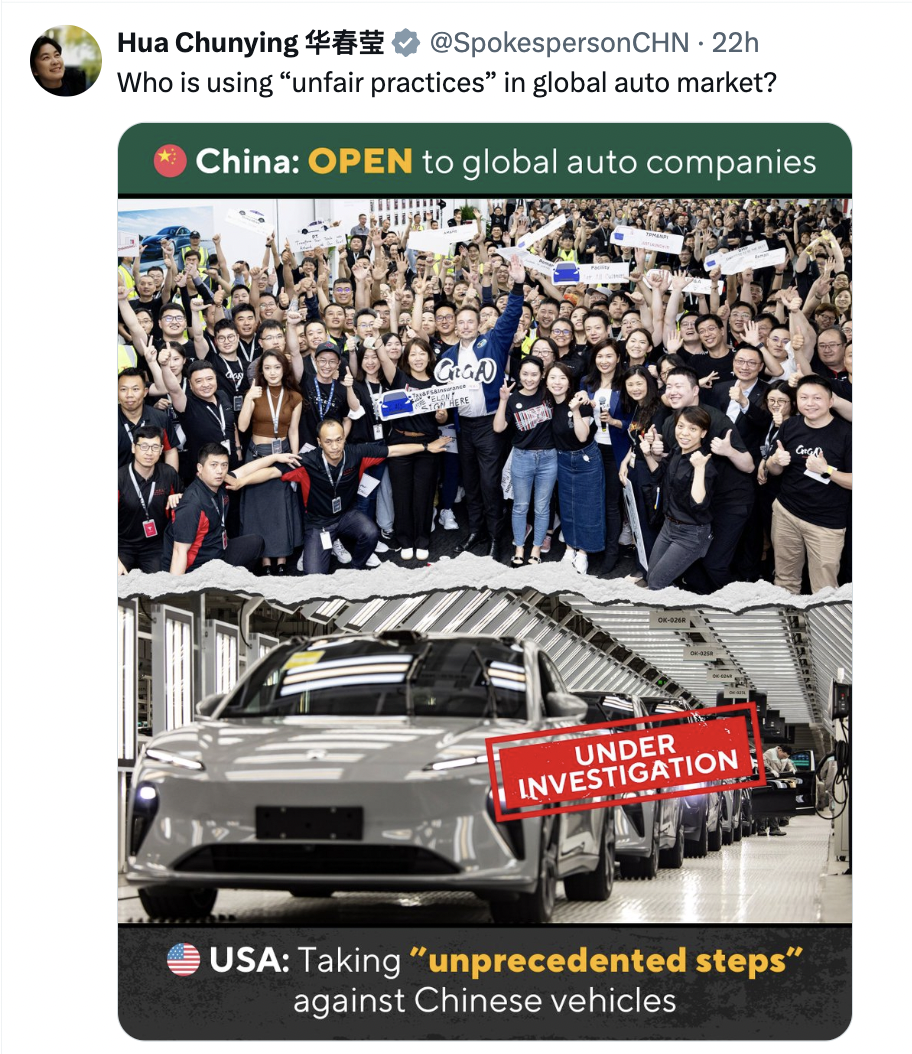 A screenshot of Hua Chunying's post on X