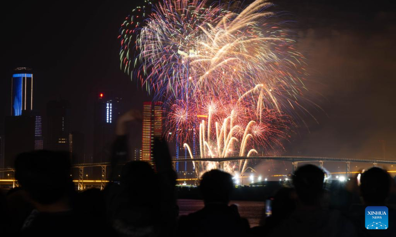 Fireworks in celebration of the Spring Festival illuminate the sky in Macao, south China, Feb. 12, 2024. (Xinhua/Cheong Kam Ka)