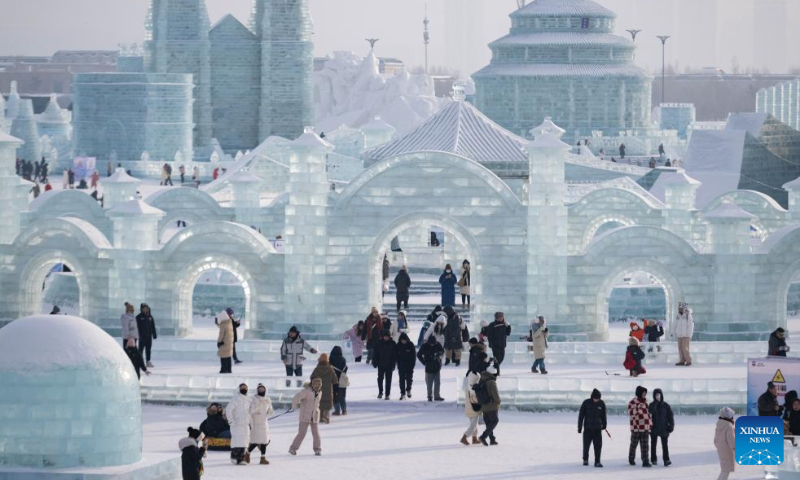 People visit the Harbin Ice-Snow World in Harbin, northeast China's Heilongjiang Province, January 1, 2024. Photo: VCG