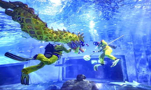 Divers from Nanjing Underwater World perform a dragon dance in the water in Nanjing, East China's Jiangsu Province, on January 20, 2024, creating a festive atmosphere in a unique way to welcome the upcoming Year of the Dragon. Photo: CFP 