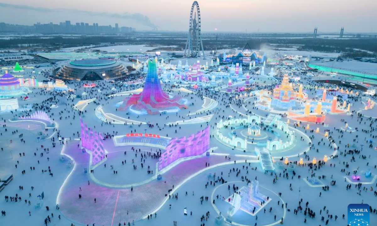 This aerial photo taken on January 5, 2024 shows visitors having fun at the Harbin Ice-Snow World in Harbin, northeast China's Heilongjiang Province. Photo: Xinhua
