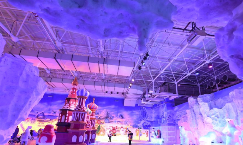 Tourists visit an ice and snow art gallery of the Sun Island scenic spot in Harbin, northeast China's Heilongjiang Province, Feb. 23, 2024. Covering an area of nearly 5,000 square meters, this indoor ice and snow art gallery wowed tourists with ice sculptures and various ice and snow entertainment. (Xinhua/Wang Jianwei)