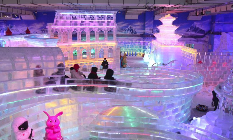 Tourists have fun at an ice and snow art gallery of the Sun Island scenic spot in Harbin, northeast China's Heilongjiang Province, Feb. 23, 2024. Covering an area of nearly 5,000 square meters, this indoor ice and snow art gallery wowed tourists with ice sculptures and various ice and snow entertainment. (Xinhua/Wang Jianwei)