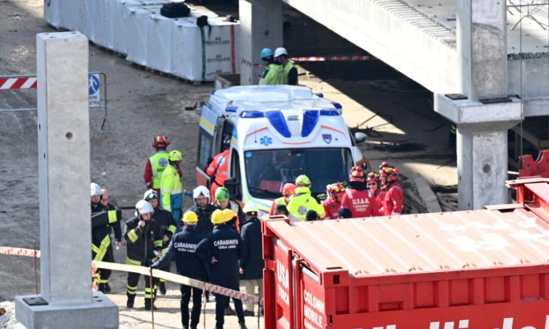 Rescuers work at the site where the slab of a prefabricated building in a mall complex under construction collapsed in northwest Florence, Tuscany region, Italy, on Feb. 16, 2024. At least two workers died and three others were injured after the slab of the building collapsed here on Friday, local authorities said. (Xinhua)