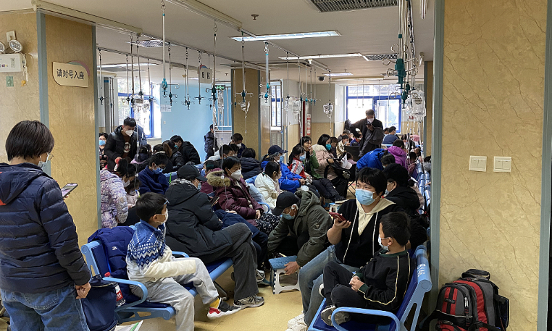 As crianças com tosse e febre recebem terapia intravenosa no Hospital Infantil de Pequim em 27 de novembro de 2023. Foto: VCG
