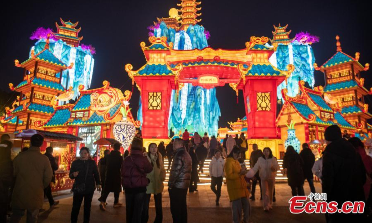 Featured lanterns are illuminated at the 30th Zigong International Dinosaur Lantern Show in southwest China's Sichuan Province, Feb 7, 2024. Photo:China News Service