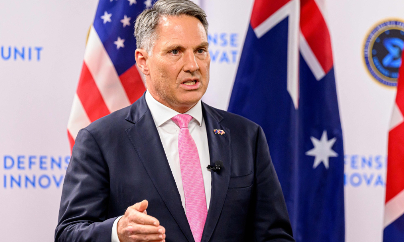 Australian Defense Minister Richard Marles speaks during a joint press conference with the US Defense Secretary and the British Defense Secretary during the AUKUS Defense Ministerial Meeting in Mountain View, California, on December 1, 2023. Photo: VCG