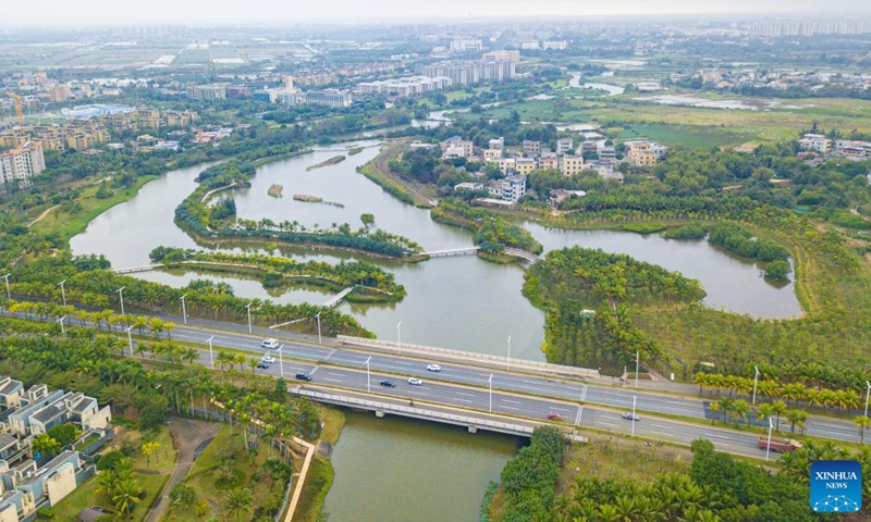 An aerial drone photo taken on Feb. 1, 2024 shows the scenery at the Furong river wetland in Haikou, south China's Hainan Province.