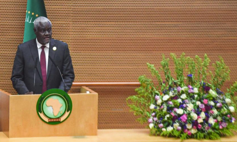 Chairperson of the African Union (AU) Commission Moussa Faki Mahamat delivers a speech during the 37th Ordinary Session of the AU Assembly of the Heads of State and Government in Addis Ababa, Ethiopia, Feb. 17, 2024. The 37th Ordinary Session of the AU Assembly of the Heads of State and Government opened on Saturday at the AU headquarters in Addis Ababa, the capital of Ethiopia. (Xinhua/Michael Tewelde)
