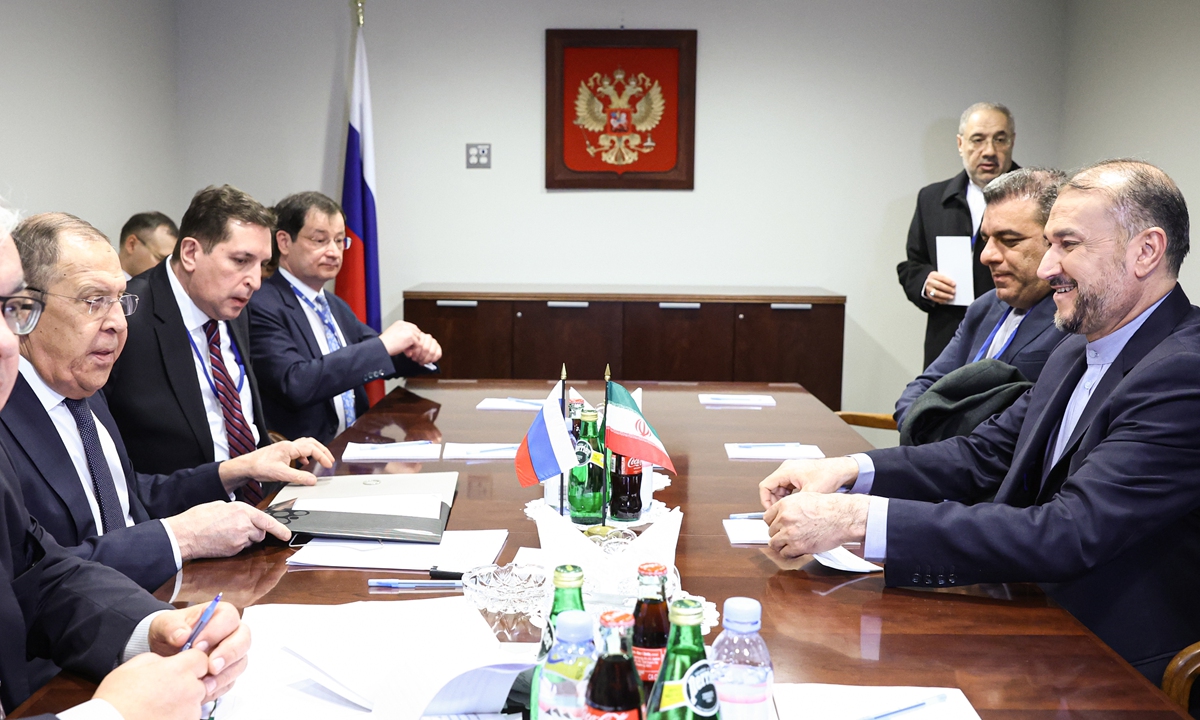 Russian Foreign Minister Sergei Lavrov (2nd from left) meets with Iranian Foreign Minister Hossein Amir-Abdollahian (right) on the sidelines of the ministerial open debates at the United Nation Security Council on the situation in the Palestinian territories at the United Nation Headquarters in New York on January 22, 2024. The ministers expressed their support for an immediate cease-fire in Gaza and securing conditions for humanitarian assistance to the residents of the enclave. Photo: VCG