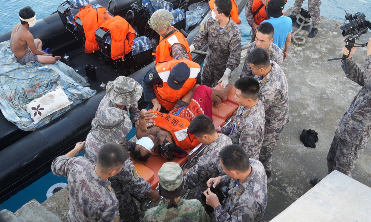 An injured Vietnamese fisherman is transferred to the Yongshu Reef Hospital on the Nansha Islands for emergency treatment, on October 9, 2023. Photo: Courtesy of Shi Qing