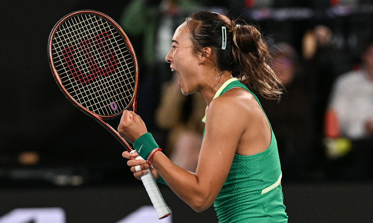 China’s Zheng Qinwen celebrates after she powered past Dayana Yastremska of Ukraine 6-4, 6-4 to reach the final of the Australian Open on January 25, 2024. The 21-year-old became the second tennis player from the Chinese mainland to reach a Grand Slam final after Li Na. Photo: VCG
