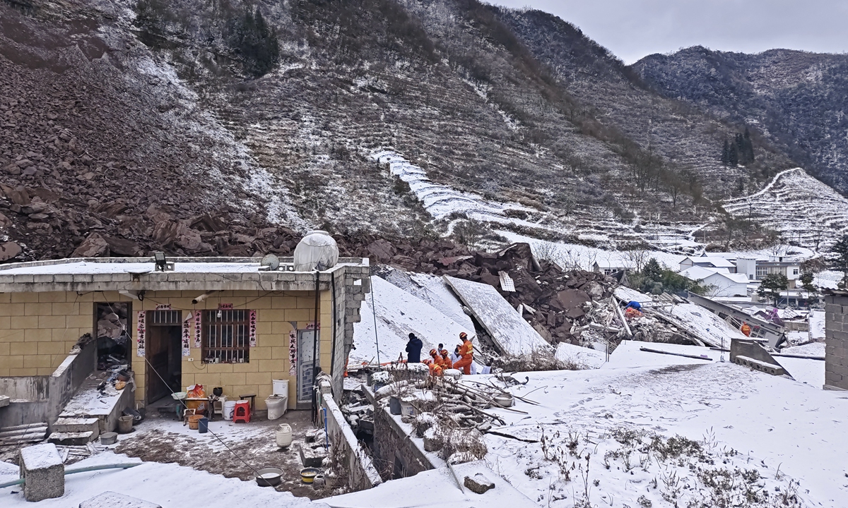 Rescue team works in affected households after the landslide in Zhenxiong, Southwest China's Yunnan Province, on January 22, 2024. Photo: VCG
