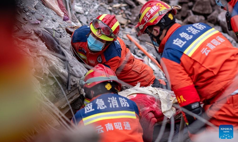 Rescuers carry out rescue operations with the help of radar in Liangshui Village, Tangfang Town, Zhenxiong County, southwest China's Yunnan Province, Jan. 24, 2024. The death toll from a landslide that struck a mountainous village in southwest China's Yunnan Province on Monday had climbed to 34 as of 5 p.m. Wednesday, local authorities said. Another 10 people are still missing, according to the local disaster relief headquarters.(Photo: Xinhua)