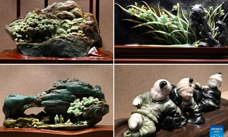 This combo photo taken on Jan. 23, 2024 shows jade carving artworks displayed at the exhibition room of Liu Xiaoqiang's studio in Zhenping County of Nanyang City, central China's Henan Province, Jan. 23, 2024. (Xinhua/Li An)