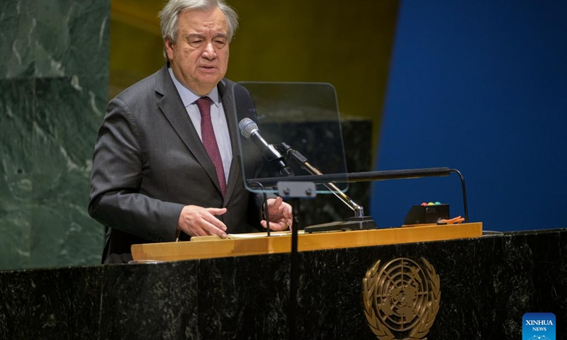 UN Secretary-General Antonio Guterres speaks at a ceremony marking the International Day of Commemoration in Memory of the Victims of the Holocaust at the UN headquarters in New York, on Jan. 26, 2024.
