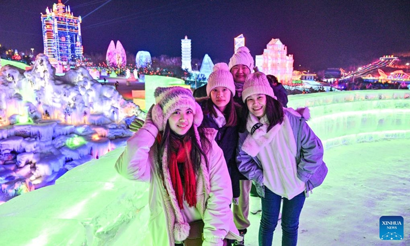 Taiwan students pose for a photo at an ice and snow park in Changchun, northeast China's Jilin Province on Jan. 26, 2024. (Xinhua/Chen Yehua)