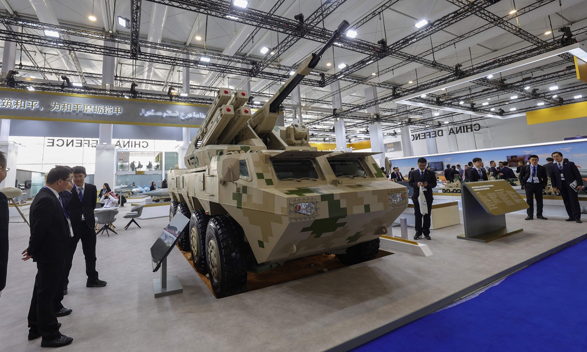 A military armored vehicle is displayed in the Chinese pavilion at the World Defense Show 2024, north of the Saudi capital Riyadh on February 4, 2024. The show, held on February 4-8, is attended by 773 exhibitors representing more than 75 countries. Photo: VCG