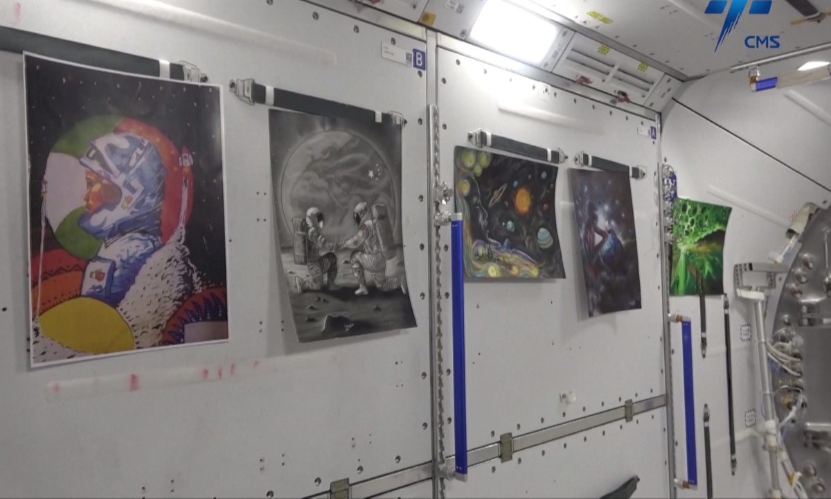 Young Africans' paintings are exhibited at China's Tiangong space station, on September 13, 2023. Photo: China Manned Space Agency