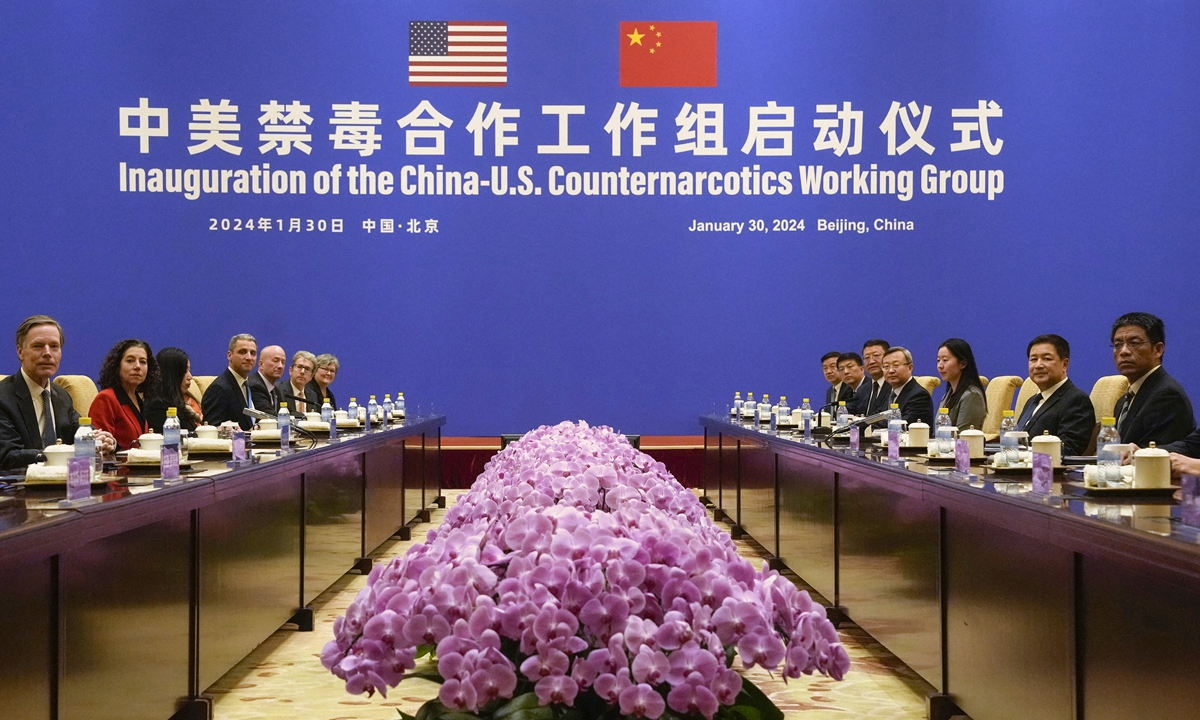 Chinese Minister of Public Security Wang Xiaohong (second from right) and US Deputy Assistant to the President and Deputy Homeland Security Advisor Jen Daskal (second from left) attend a meeting for the inauguration of the China-US Counternarcotics Working Group at Diaoyutai State Guesthouse in Beijing on January 30, 2024. Photo: AFP