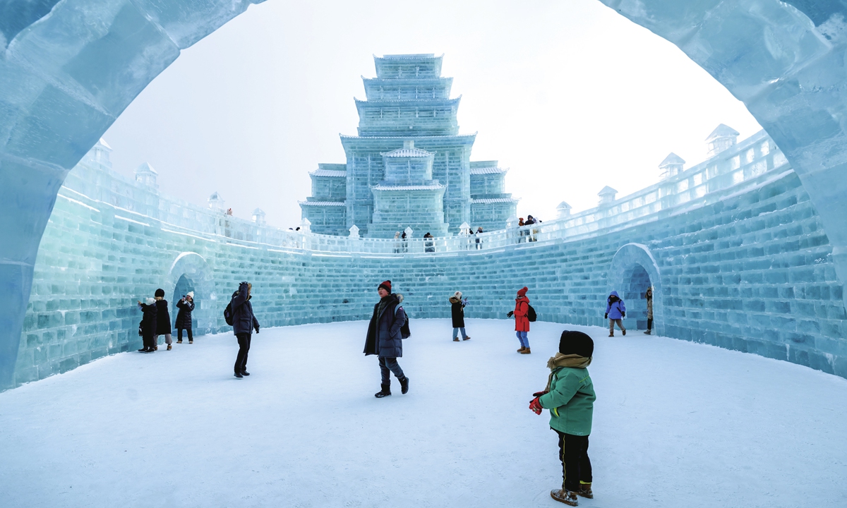 Tourists visit the Harbin Ice-Snow World in Harbin, Northeast China's Heilongjiang Province on January 13, 2024. Photo: VCG