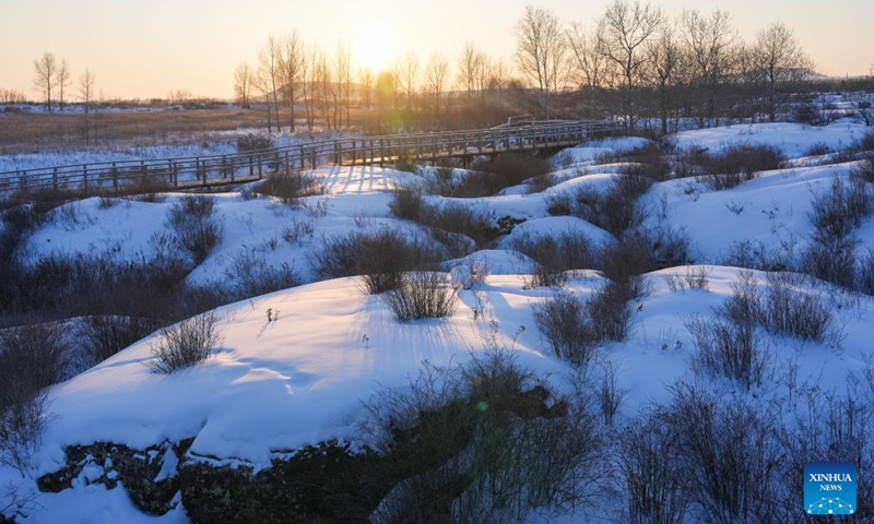 This photo taken on Jan. 29, 2024 shows a view of the Wudalianchi Geopark in Heihe, northeast China's Heilongjiang Province. The Wudalianchi Geopark features 14 volcanoes and five major volcanic barrier lakes. The geopark boasts a complete set of volcanic landforms, making it a natural volcano museum.(Photo: Xinhua)