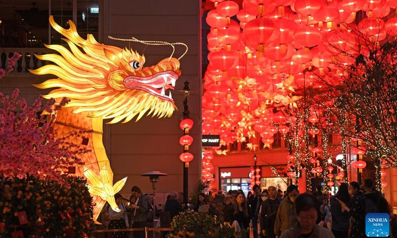 Spring Festival decorations are seen on a street in Hong Kong, south China, Jan. 31, 2024.(Photo: Xinhua)
