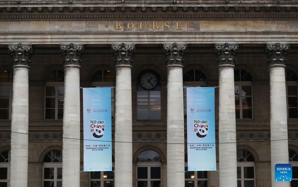 Posters of a tourism promotion event named Nihao! China are seen outside the Paris Brongniart in Paris, France, Jan. 30, 2024.(Photo: Xinhua)