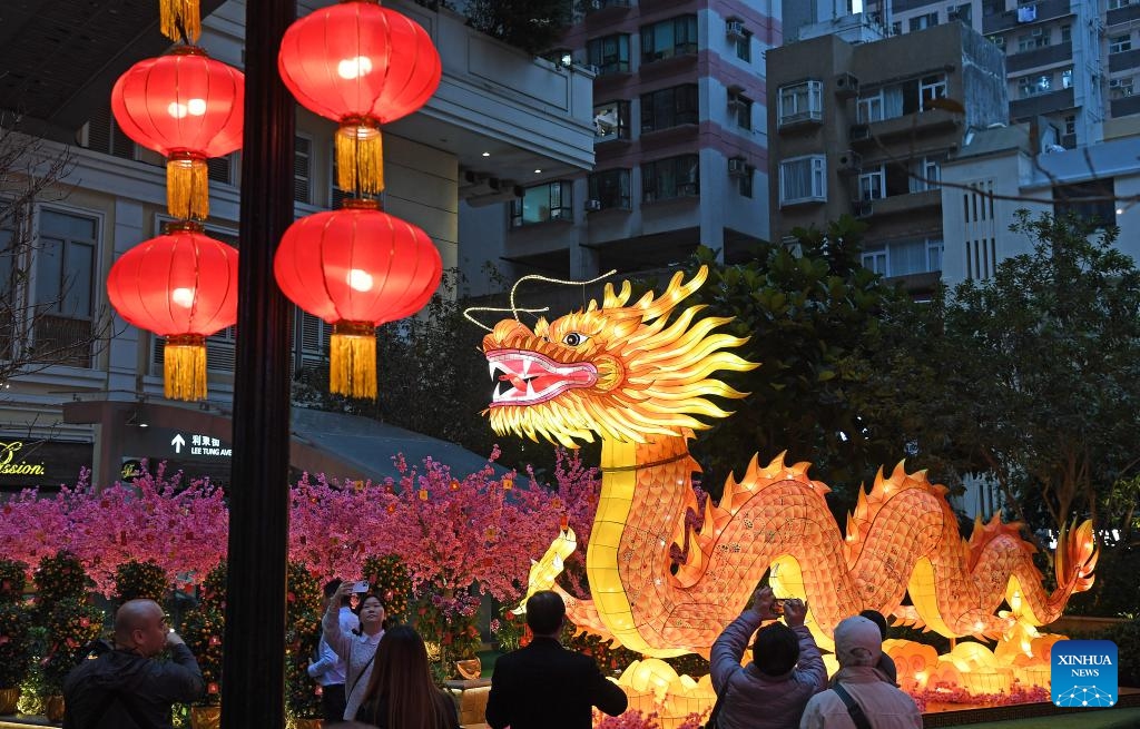 Spring Festival decorations are seen on a street in Hong Kong, south China, Jan. 31, 2024.(Photo: Xinhua)