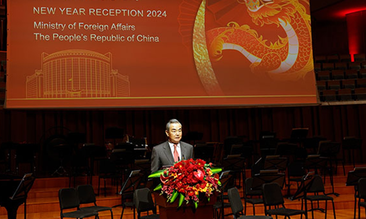 Chinese Foreign Minister Wang Yi delivers a speech at the 2024 New Year reception in Beijing on Jan 31. Photo: Courtesy of the Foreign Ministry of China