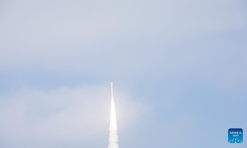 A Smart Dragon-3 (SD-3) carrier rocket carrying nine satellites blasts off from waters off the coast of Yangjiang, a city in south China's Guangdong Province, Feb. 3, 2024. The Taiyuan Satellite Launch Center launched the rocket at 11:06 a.m. (Beijing Time) on Saturday. The nine satellites were successfully sent into planned orbit. (Photo by An Di/Xinhua)