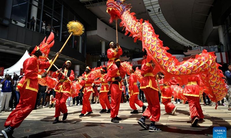 Actors perform dragon dance during the Nairobi Chinese New Year Gala in Nairobi, Kenya, on Feb. 10, 2024. (Xinhua/Han Xu)