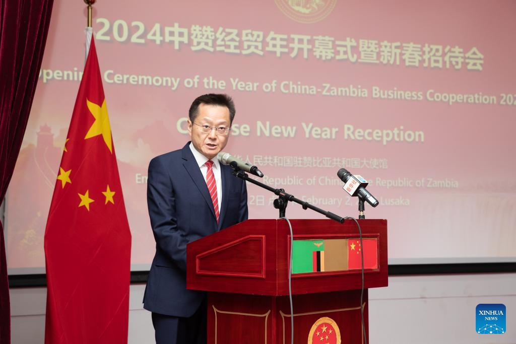 Chinese Ambassador to Zambia Du Xiaohui speaks during a reception to mark celebrations for the upcoming Chinese New Year in Lusaka, Zambia, Feb. 2, 2024. The reception, organized by the Chinese embassy on Friday, also saw the launch of activities of the Year of China-Zambia Business Cooperation 2024. (Xinhua/Peng Lijun)