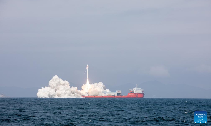 A Smart Dragon-3 (SD-3) carrier rocket carrying nine satellites blasts off from waters off the coast of Yangjiang, a city in south China's Guangdong Province, Feb. 3, 2024. The Taiyuan Satellite Launch Center launched the rocket at 11:06 a.m. (Beijing Time) on Saturday. The nine satellites were successfully sent into planned orbit. (Photo by An Di/Xinhua)