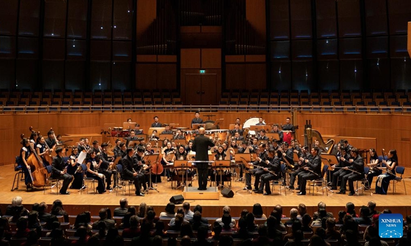 Musicians of China National Traditional Orchestra perform during the Grand Chinese New Year Concert in Duesseldorf, Germany, Feb. 10, 2024. Chinese New Year celebrations in the German city of Duesseldorf kicked off here with a traditional Chinese concert on Saturday. (Xinhua/Zhang Fan)