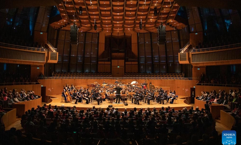 Musicians of China National Traditional Orchestra perform during the Grand Chinese New Year Concert in Duesseldorf, Germany, Feb. 10, 2024. Chinese New Year celebrations in the German city of Duesseldorf kicked off here with a traditional Chinese concert on Saturday. (Xinhua/Zhang Fan)