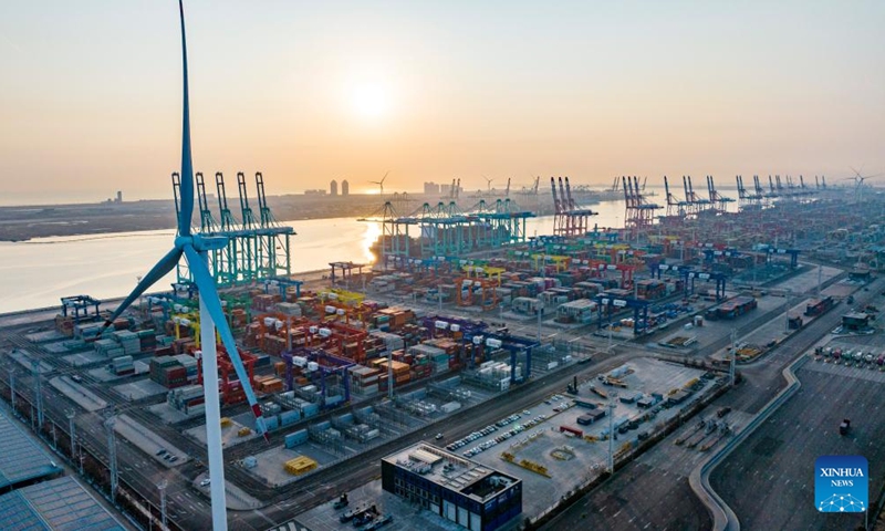 An aerial drone photo taken on Feb. 2, 2024 shows the smart zero-carbon terminal of Tianjin Port in north China's Tianjin. Tianjin Port, located on the coast of the Bohai Sea, is a major shipping point in north China.